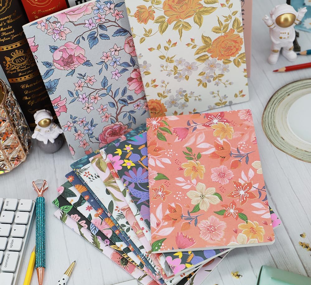 12 Pack Lined Journals Notebooks, A5 Size 8.3" x 5.5", 80 GSM Thick Paper, Sewn Binding, Embossed Floral Cover with Gold Foil, 30 Sheets/60 Pages Per Notebook, Bulk Set for Writing, Journaling, Gifts