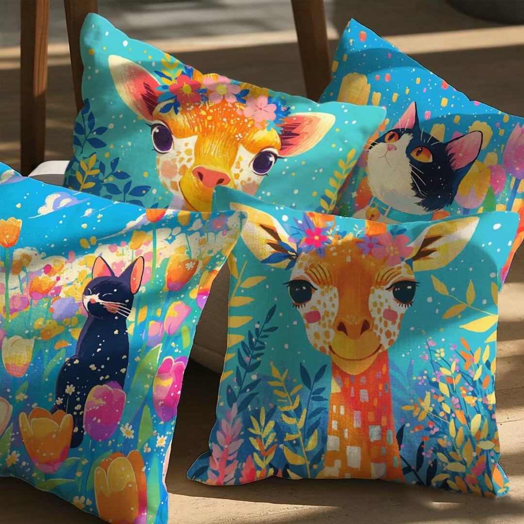 Fundas de Cojines Exterior Impermeable de Lino Fundas de Almohada Sofa Jirafa, Juego de 4 Cuadrados Funda Cojin Gato Decorativas para Jardín, Patio, Oficina, Terraza y Sala de Estar, 50x50 cm Ym624