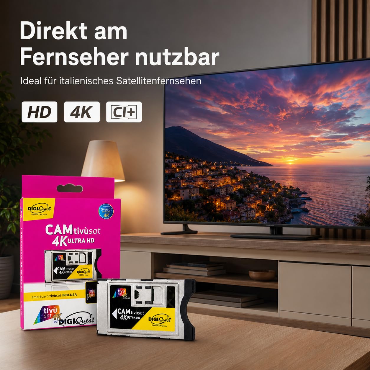 CAM Modul Tivusat 4K + aktivierte Karte Smartcard CI+ Digiquest TVSAT Italia