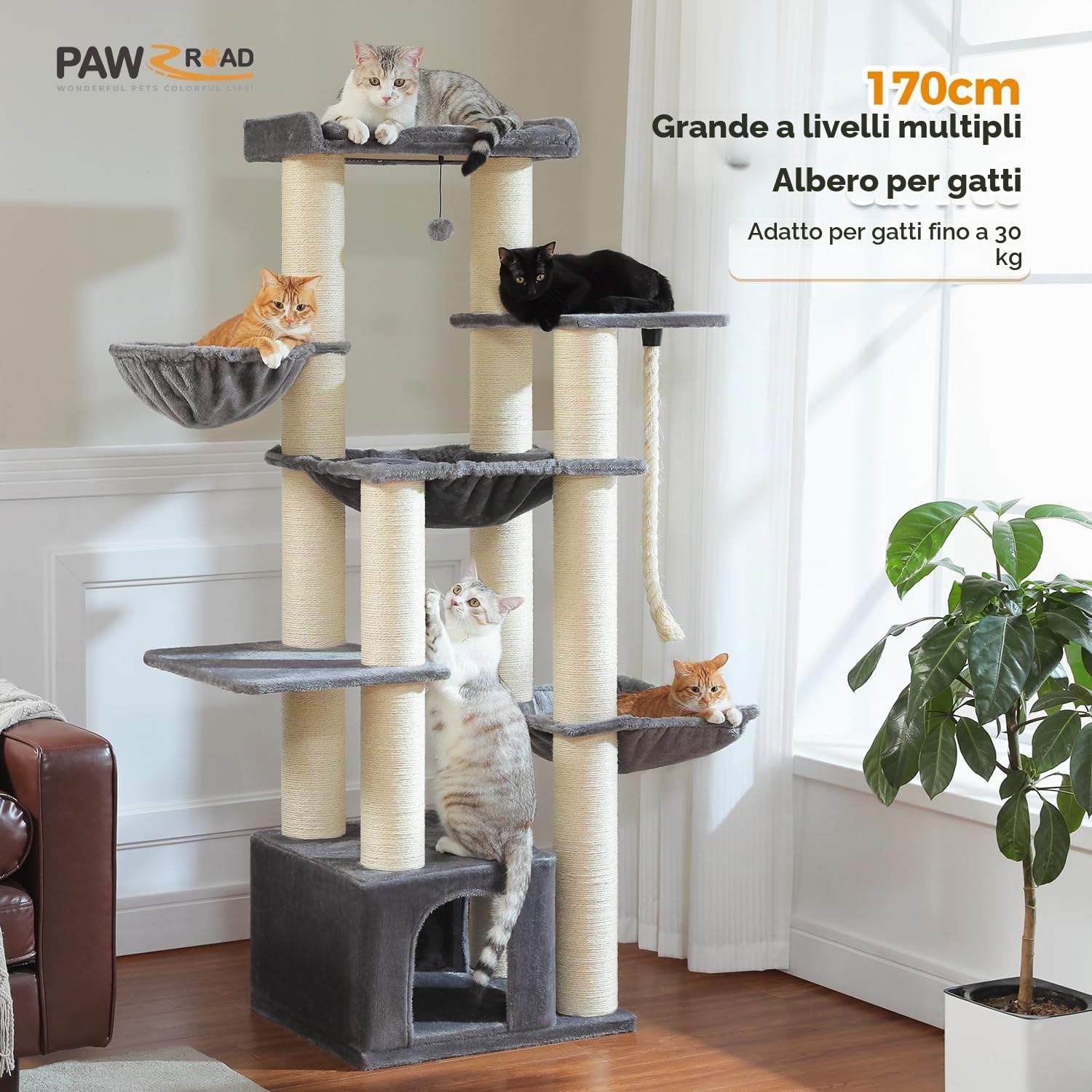 PAWZ Road Tiragraffi per gatti di grandi dimensioni, stabile con più livelli, amaca, 13 pali in sisalp (φ11 cm), grande sella, grotta, cestini, albero tiragraffi XXL, 170 cm, grigio