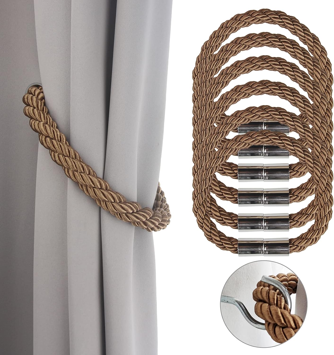 Porlau 6 Pack Strong Magnetic Curtain Tiebacks Khaki Decorative Rope Holdbacks 19.7in Convenient Ties Backs for Thin or Thick Window Draperies with Metal Hooks, Slightly Heavy