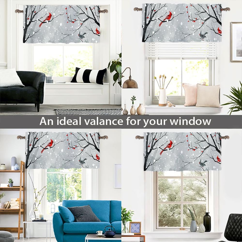 1 Panel Farmhouse Bird Window Valances, Jungle Snow Branch Window Treatment Decor Curtains Rod Pocket Valances for Kitchen/Living Room, 54" X 18"