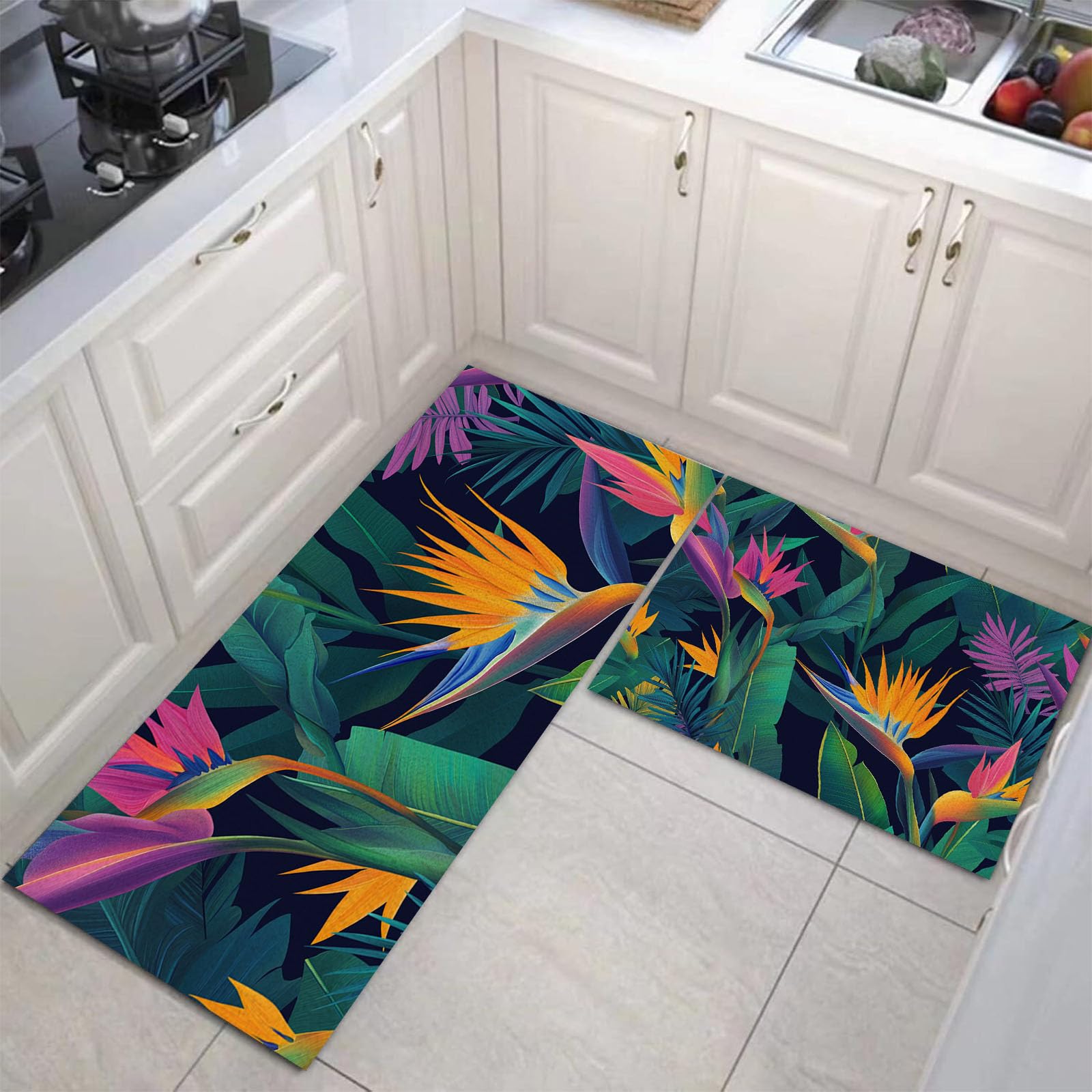 Tapis de cuisine antidérapant déco feuilles de palmier pour cuisinette moderne