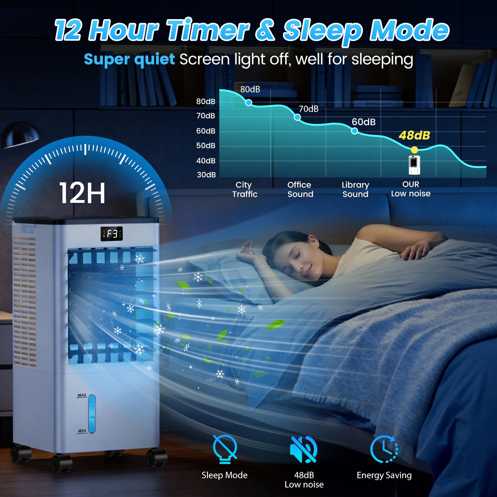 Climatiseur Mobile Silencieux, Refroidisseur d'air Climatiseurs Portables Économie d'énergie Ventilateur Humidificateur, Télécommande, Minuterie, pour Maison Bureau Chambre