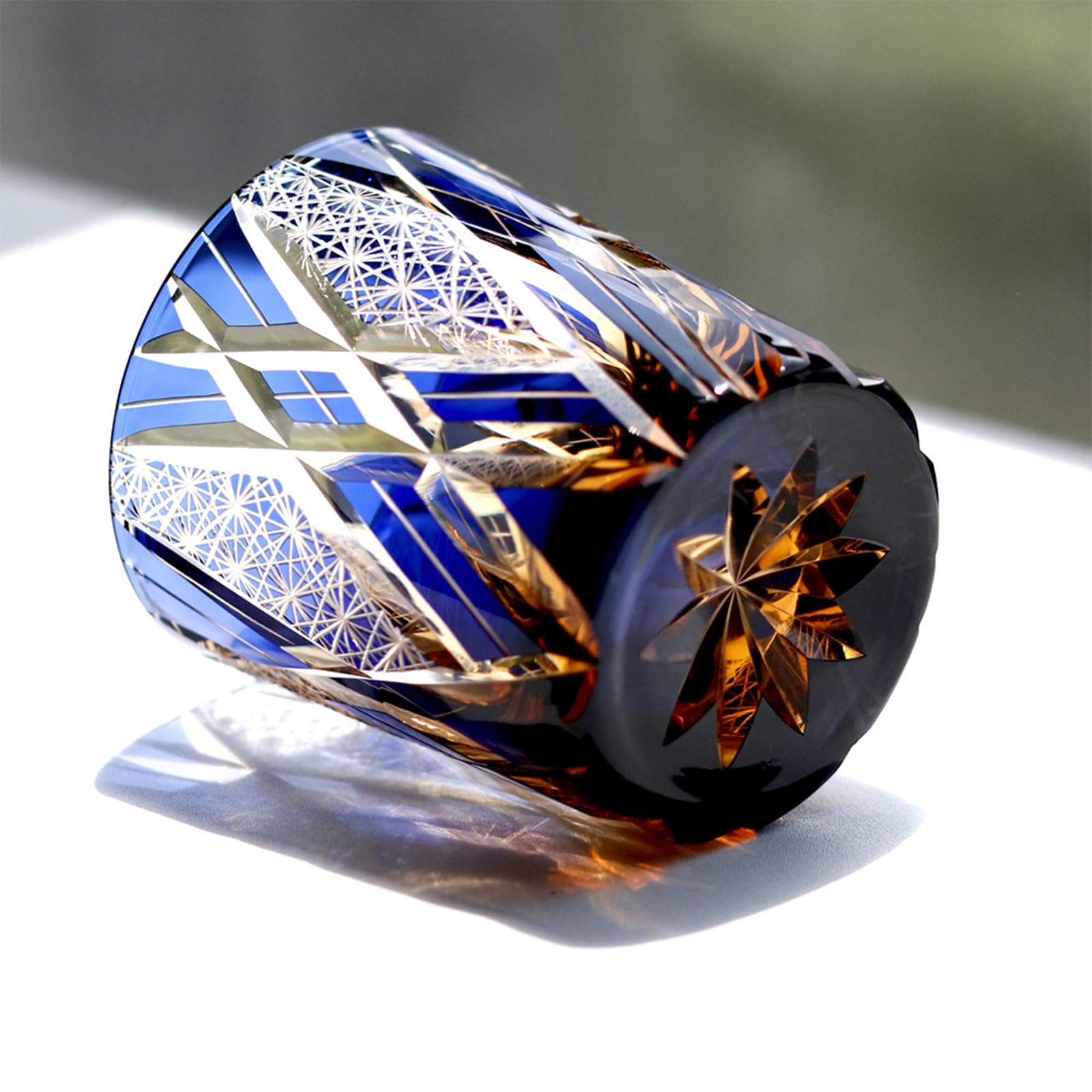 Bicchiere Whisky Cristallo Bicolore Inciso Mano Base Pesante Old Fashion Riflessi Luminosi Regalo Amanti Whisky Padre Compleanno Natale Casa Nuova Regalo,Amber blue