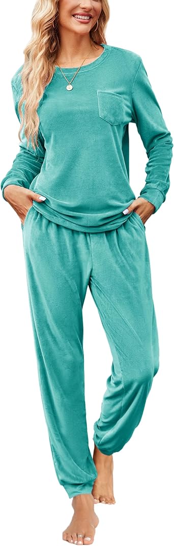 Ekouaer Womens Pajamas Sets Long Sleeve Soft Sleepwear 2 Piece Velvet Pjs Lounge Sets with Pockets