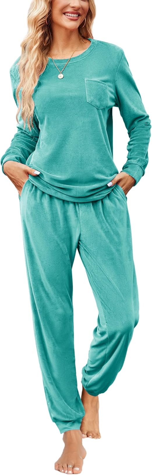 Ekouaer Womens Pajamas Sets Long Sleeve Soft Sleepwear 2 Piece Velvet Pjs Lounge Sets with Pockets