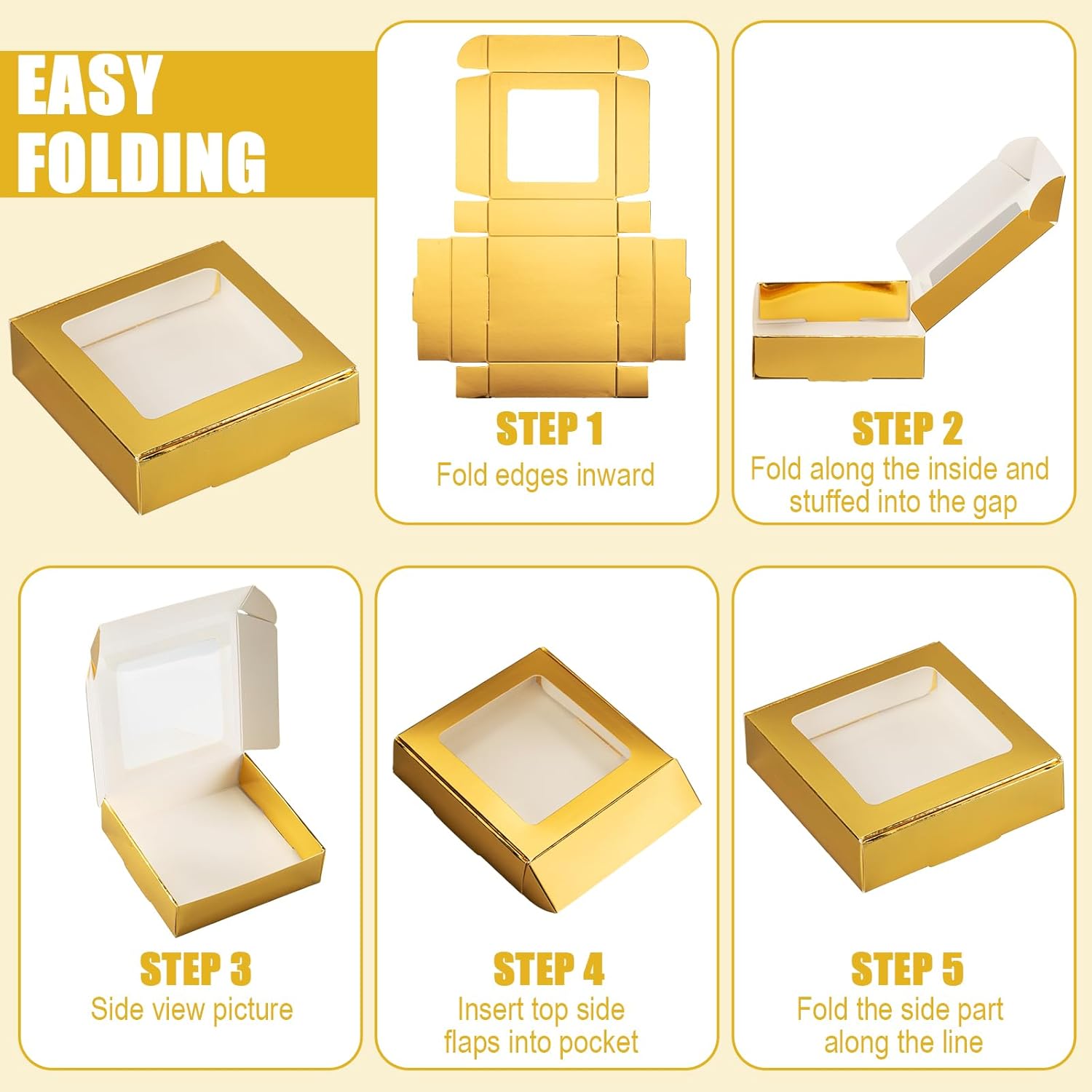 Zonon 60 Pcs Kraft Paper Boxes with Window 4.13 x 4.13 x 1.18 Inch Candy Packaging, Small Gift Boxes, Soap holder, Mini Treat Packaging for Bakery Chocolate Jewelry Display (Gold)