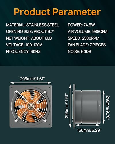 Miniatura 2 de HG Power Ventilador de escape de 10 pulgadas 988 CFM para montaje en pared con amortiguador de corrientes de aire, enchufe de metal, extractor de