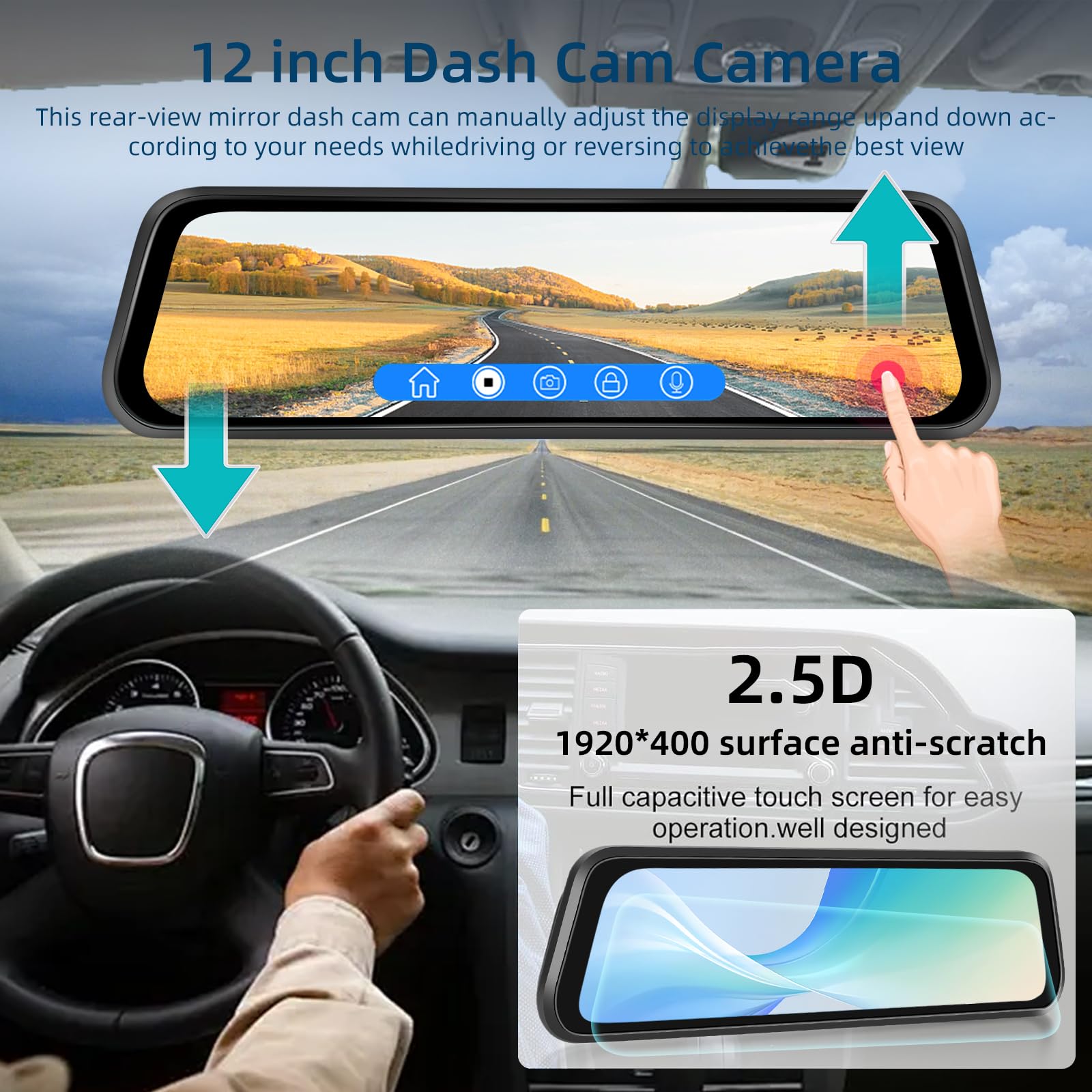 Caméra de Voiture 4K avec miroir et écran tactile de 12 pouces - retroviseur camera de recul avec sans fil Carplay & Android Auto - Enregistrement en boucle G-Sensor WiFi Mirror Link FM + carte TF 64G