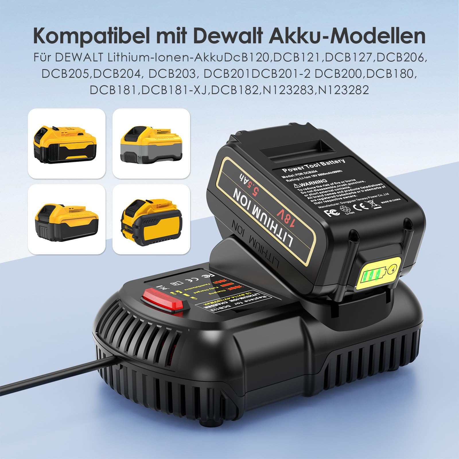 LabTEC Akumulator do Dewalt DCB204 z ładowarką 10,8 V-14,4 V-20 V do DCB112, akumulator litowo-jonowy kompatybilny z DCB120, DCB121, DCB206, DCB205, DCB181, DCB181-XJ