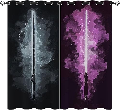 Miniatura 2 de JUNHAOLONG Cortinas opacas con sable de luz para decoración del hogar, diseño abstracto de neón, negro, morado, con ojales, aislamiento térmico,