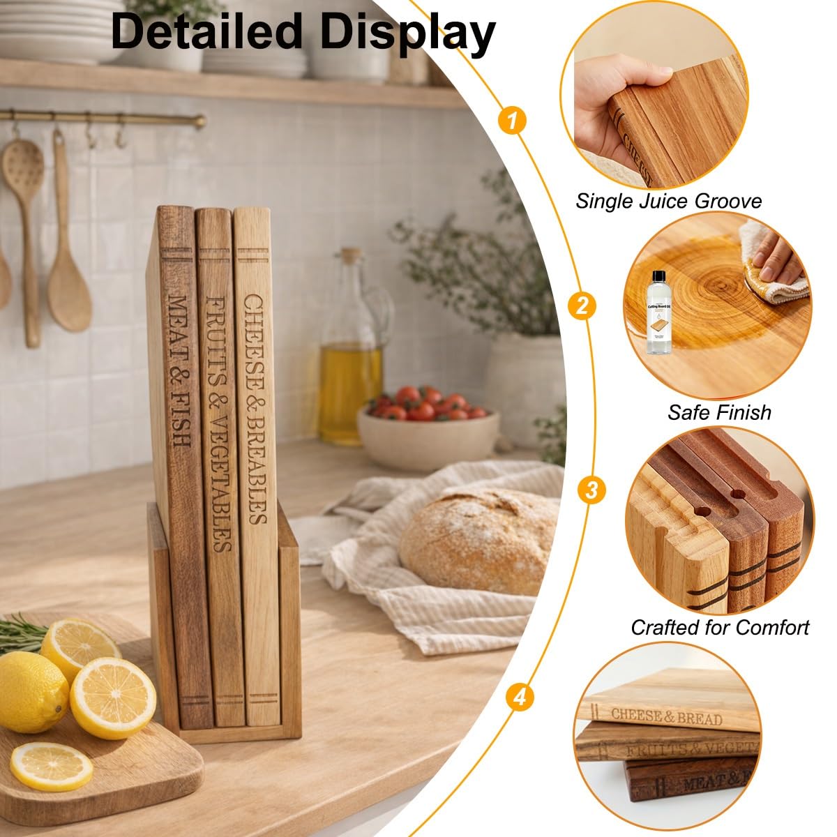 33×25,5×2 cm Holz-Buch-Schneidebrett-Set für Küche, Buch-Stil Schneidebretter mit Ständer, 3-teiliges Holz-Schneidebrett-Set für Fleisch, Gemüse, Käse Servieren, Einzugsgeschenk