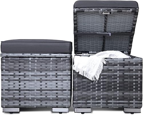 Mxfurhawa Taburete otomano para exteriores, 2 piezas, ratán de polietileno, con almacenamiento para todo tipo de clima, otomanas al aire libre para