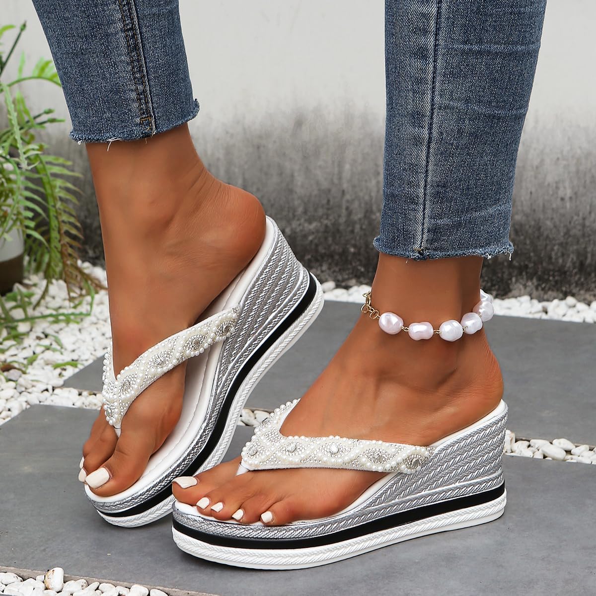 Sandali da donna con zeppa con strass, infradito da donna, casual, con punta aperta, senza lacci, con plateau, tacco a zeppa con strass, scarpe da festa di nozze