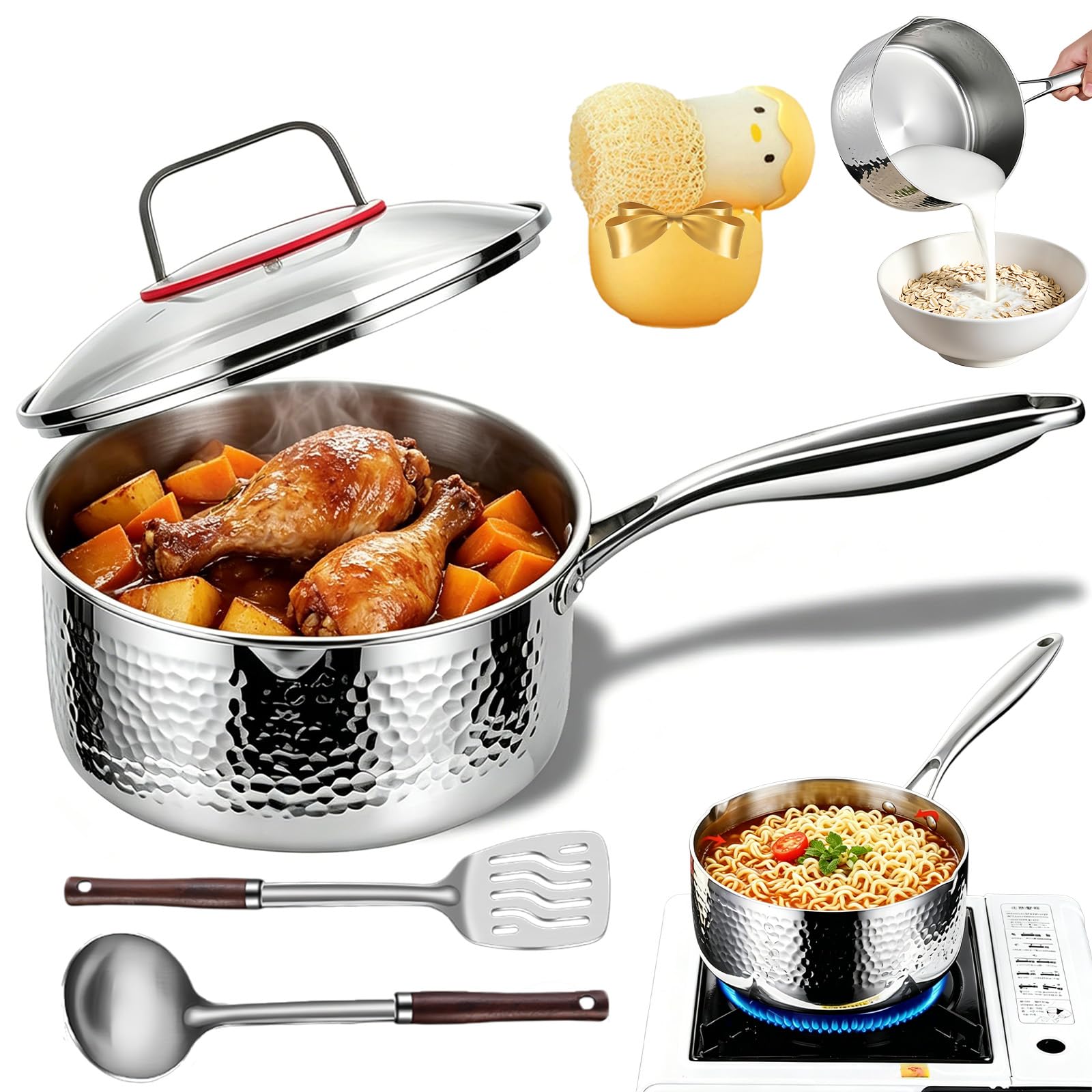 Pure Titanium Saucepan with Lid, 2026 Upgrade 1.5/2/3/4 Qt No Coating Non Stick Hammered Titanium Pan with Dual Pour Spouts, Fast Even Heating Sauce Pan for Cooking (Without Steamer, 22cm)