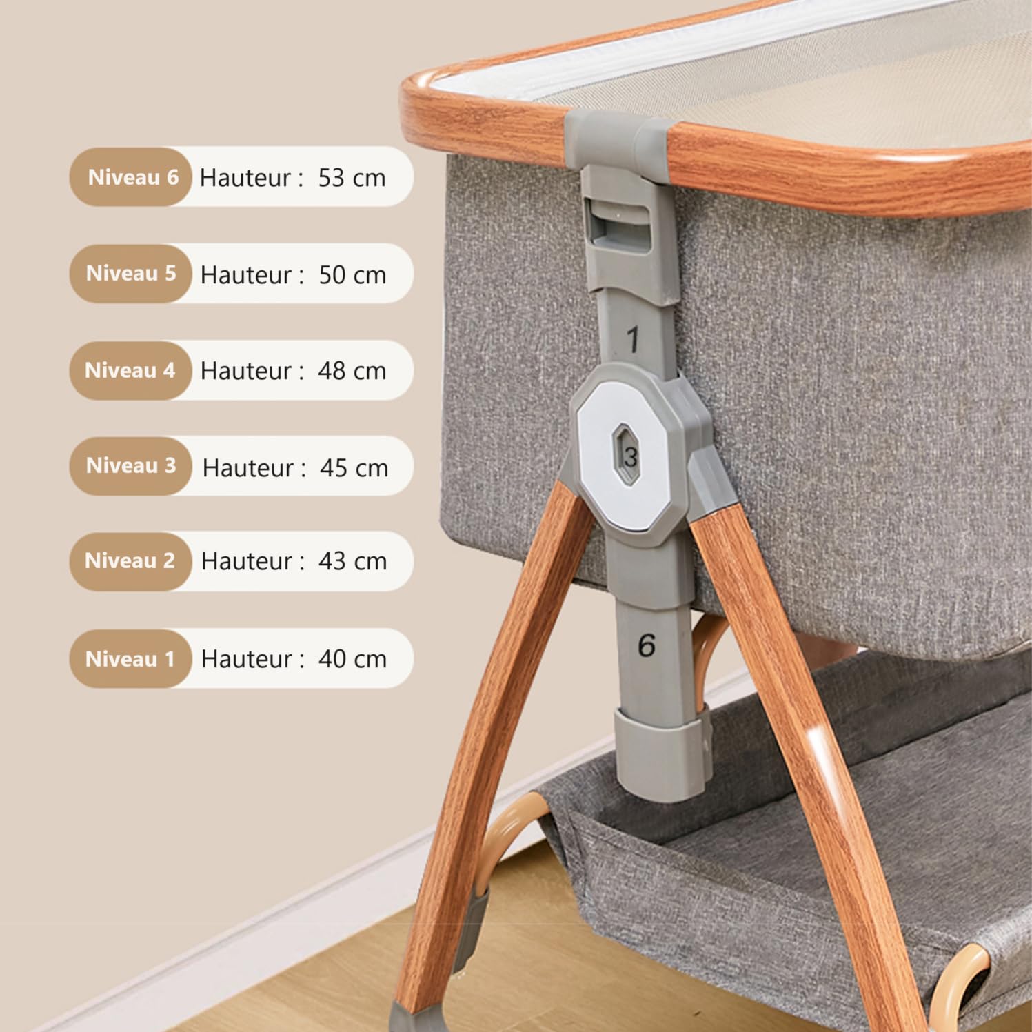 Lit Berceau Cododo Bebe, Dormir Ensemble en Toute Sécurité, Matelas en Fibre Coco, Table à Langer, Facile à Assembler et à Plier, Lit d'enfant Portable pour Nouveau-né (Woody)