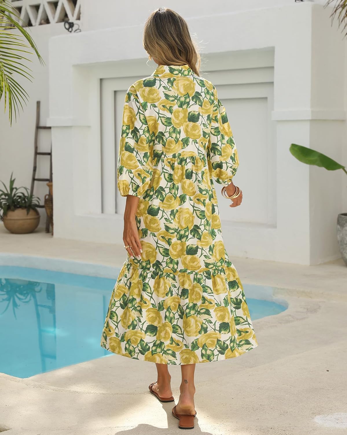 Floral Midi Dress for Women 3/4 Sleeve Cotton Button Up Collared Shirt Dress Flowy Ruffle Hem Spring Sundress with Pockets - Image 5