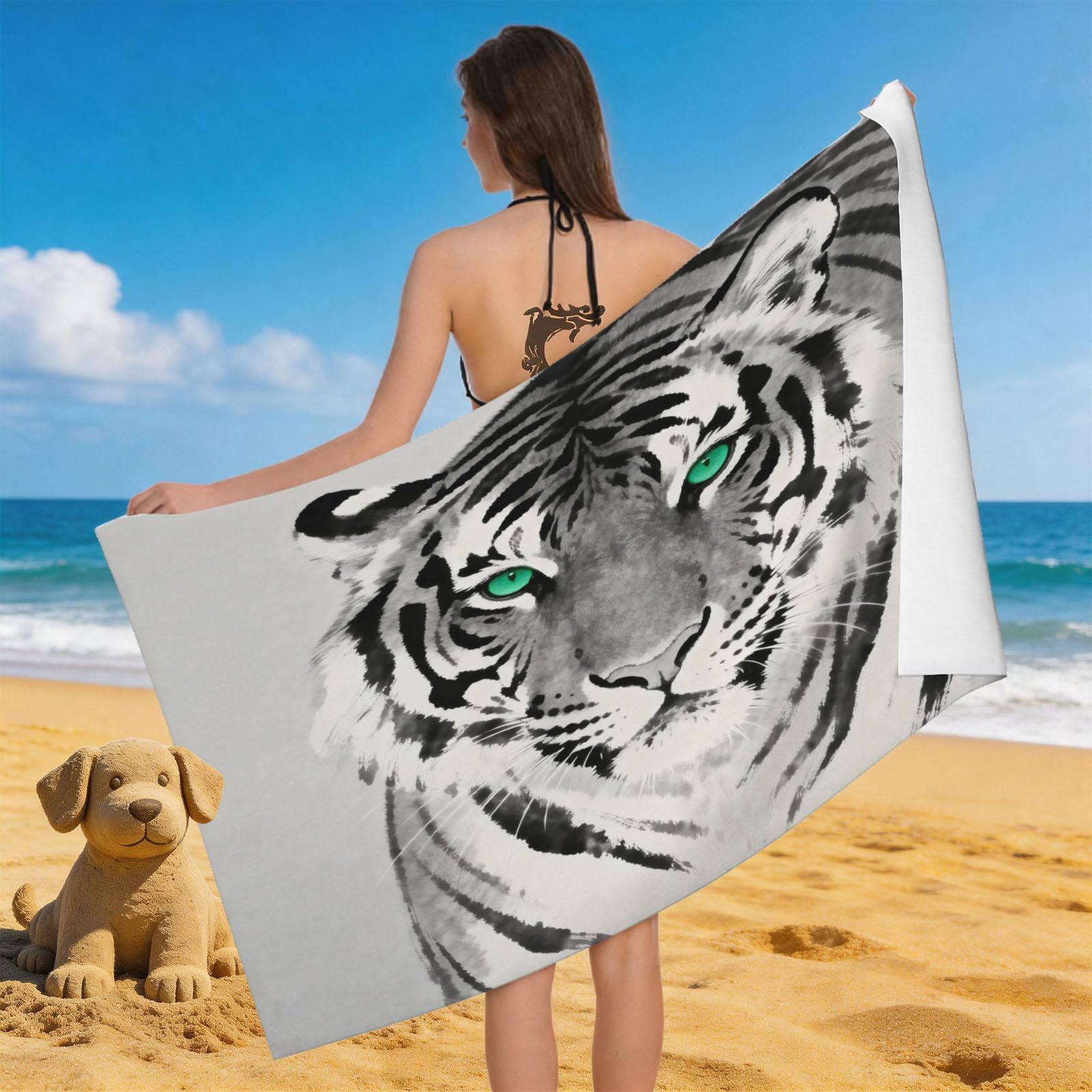 Leichong 3D Tiger Illustration Beach Towel Large Microfiber Soft Quick Dry for Adults, Simple Bath Towel Lightweight Soft Absorbent for Travel Swimming Pool Sports, 180 x 90 cm