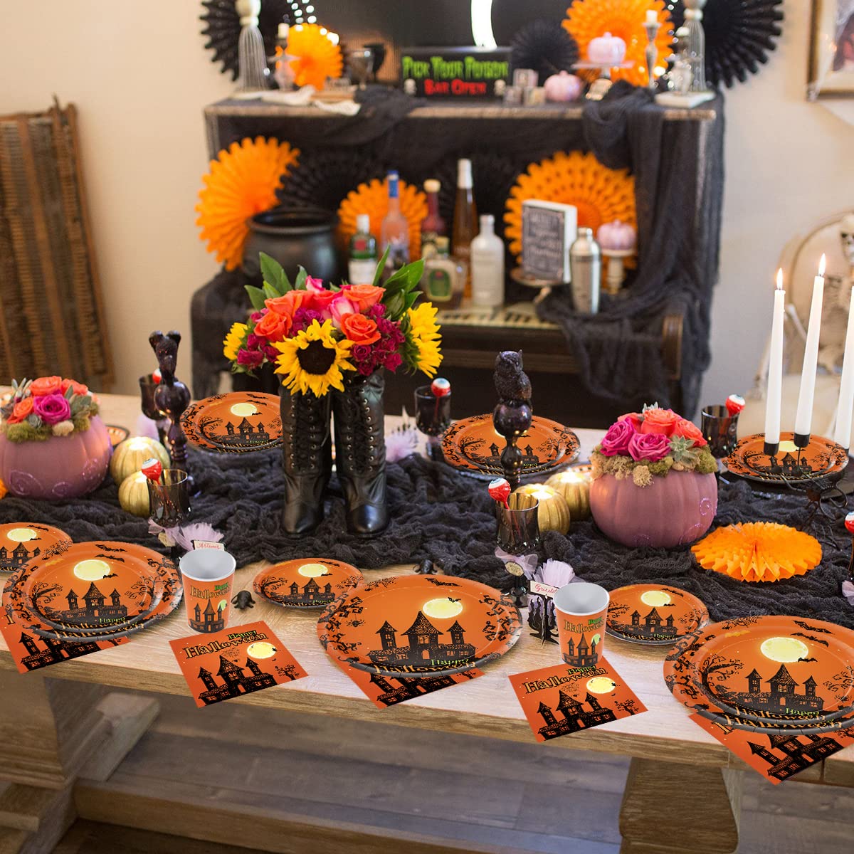 Halloween Party-Set Für 24 Personen – Inkl. Teller, Becher, Servietten, Tischdecke & Banner