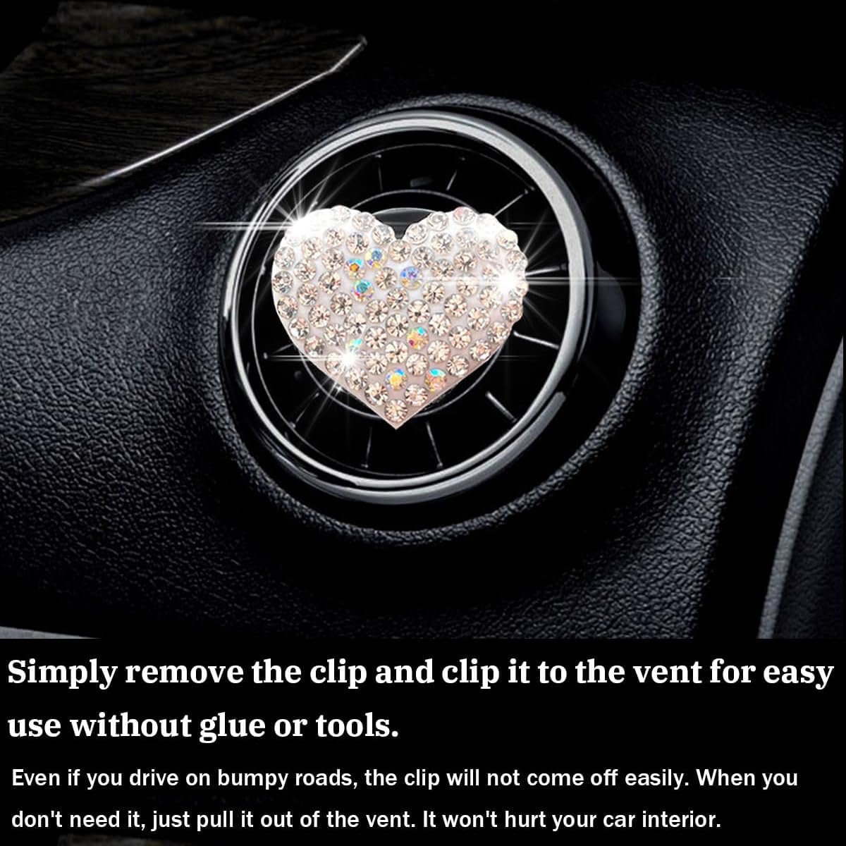 Car Bling Air Vent Clips, 2PCS Heart-Shaped Charm Air Conditioning Outlet Clip, Crystal Rhinestone Accessories, Sparkly Car Interior Decoration Cute Accessories for Women Girls (White, Heart) image 3