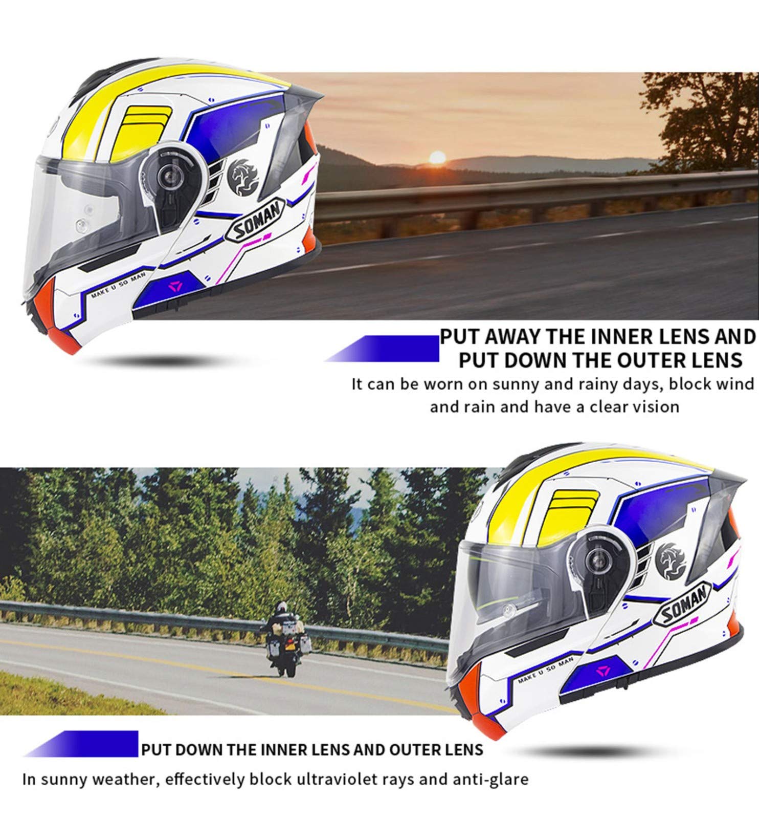 Flip Up Full Face Motorbike Helmet,DOT/ECE Approved With Double Visor Modular Motorcycle Helmet Helmet Anti-Friction Lenses Racing Crash Helmet For