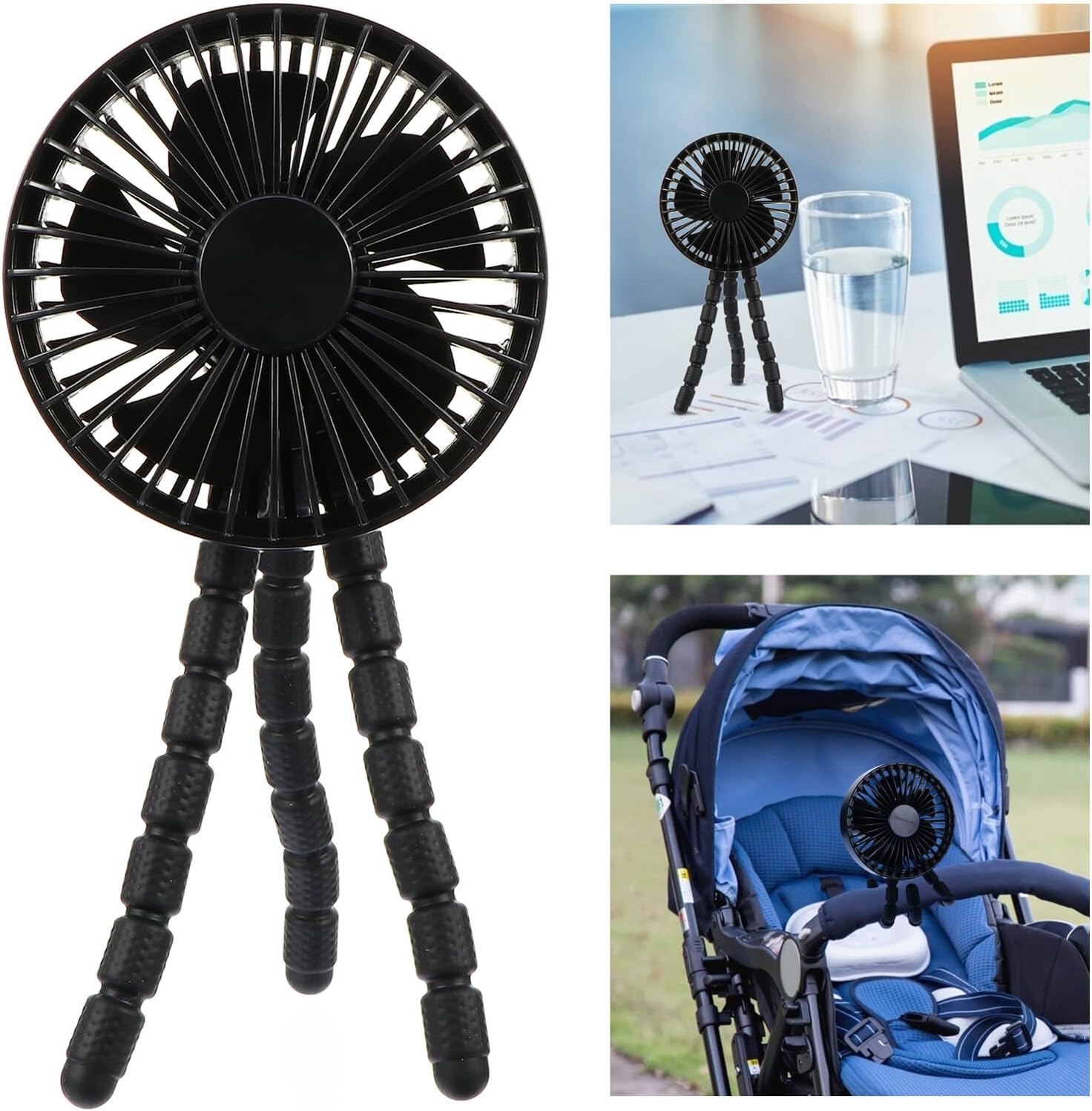 Portable Stroller Fan with Clip-on and Flexible Tripod, Mini Rechargeable Handheld Fan for Strollers, Quiet Operation for Travel and Outdoor Use, Black