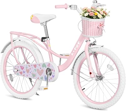 20 Inch Girls Bikes Ages 8-12, Kids Bike with Basket and Back Seat, Girls Bicycle Single Speed Bikes for Kids, Front Caliper Brake and Rear Coaster Brake, Adjustable Seat