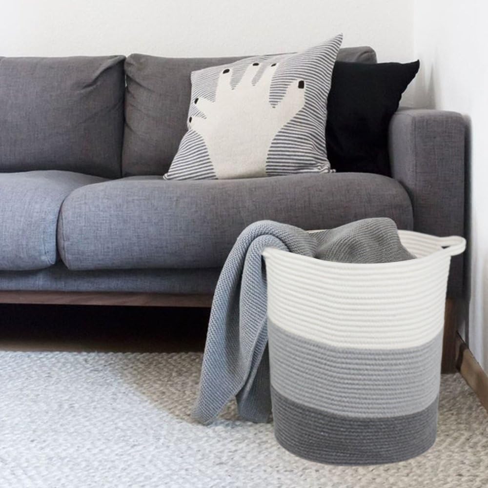 Orino 18"x16" Extra Large Storage Baskets with Handle-Cotton Rope Laundry Basket-Toy Storage Organizer-Soft Baby Kid Nursery Hamper Organizer-Tall Woven Basket Toy Storage Bin(Black+Grey+Beige)