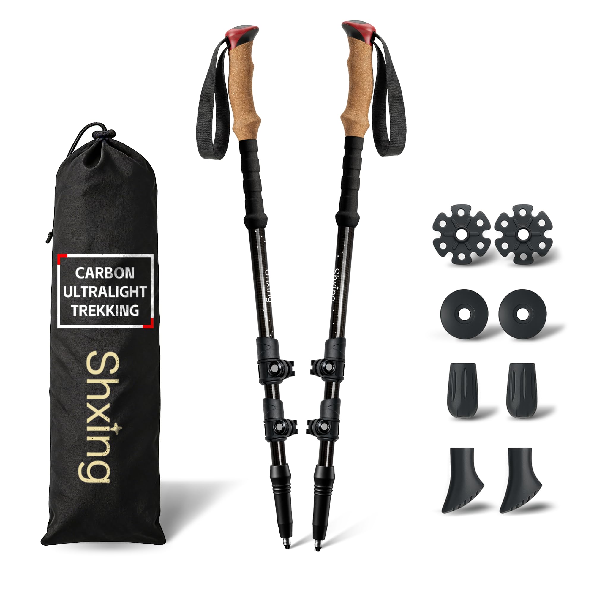 Bastoncini trekking telescopici 2 pezzi, 200 g ciascuno, 62–135 cm, carbonio, impugnatura in sughero + EVA, chiusura in alluminio, per trekking e nordic walking
