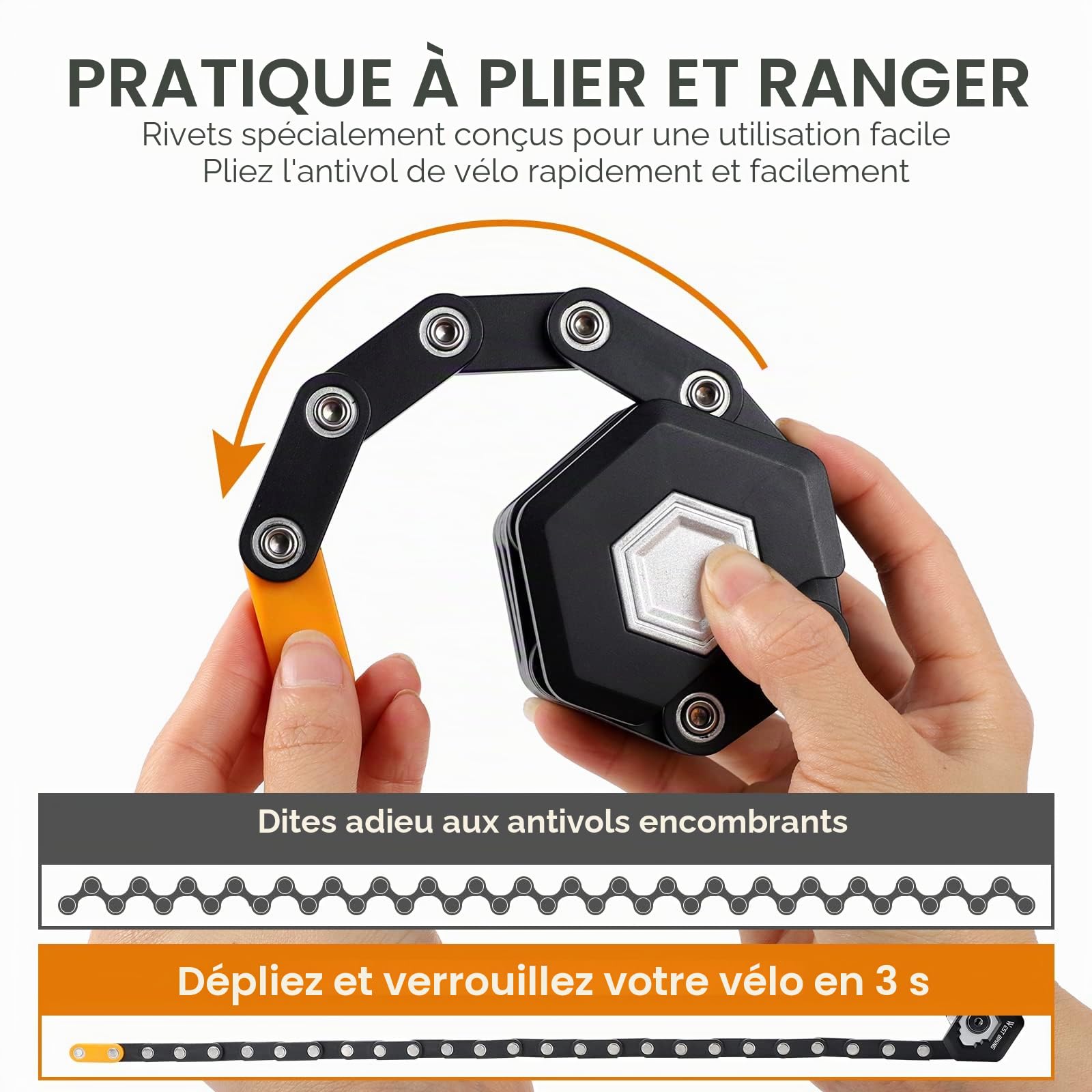 ICOCOPRO Antivol pliable pour vélo - 85 cm - Avec support - Haute sécurité - Noir
