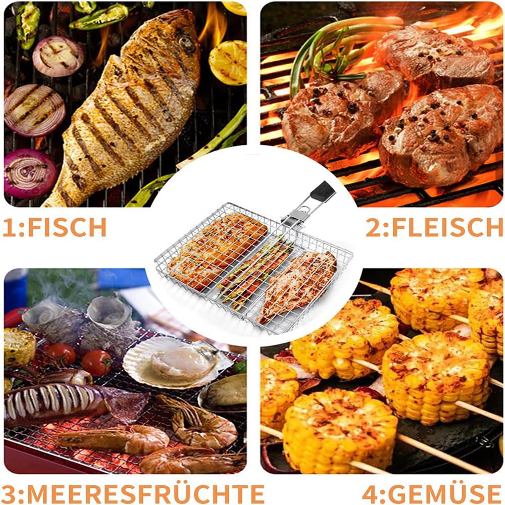 Griglia portatile in acciaio inox – griglia pieghevole per pesce e verdure, accessori antiruggine per barbecue all'aperto, campeggio e giardino, accessori essenziali per barbecue