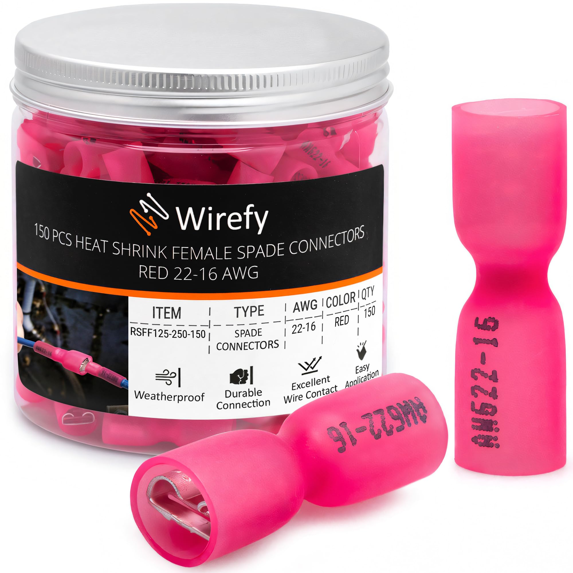Wirefy メススペードコネクタ 150個 - 熱収縮スペードコネクタキット - クイックディスコネクトワイヤコネクタ - 電気スペード端子 - レッド 22-16ゲージ
