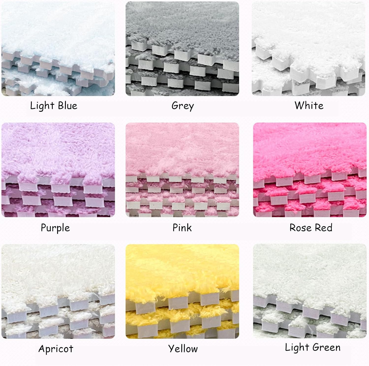 100-Pieces 12 X 12 Inch Fluffy Interlocking Carpet Tiles, Square Foam Floor Mat Tiles with Border, EVA Plush Foam Mats, Shaggy Puzzle Playmat for Bedroom(Color:White+Apricot)