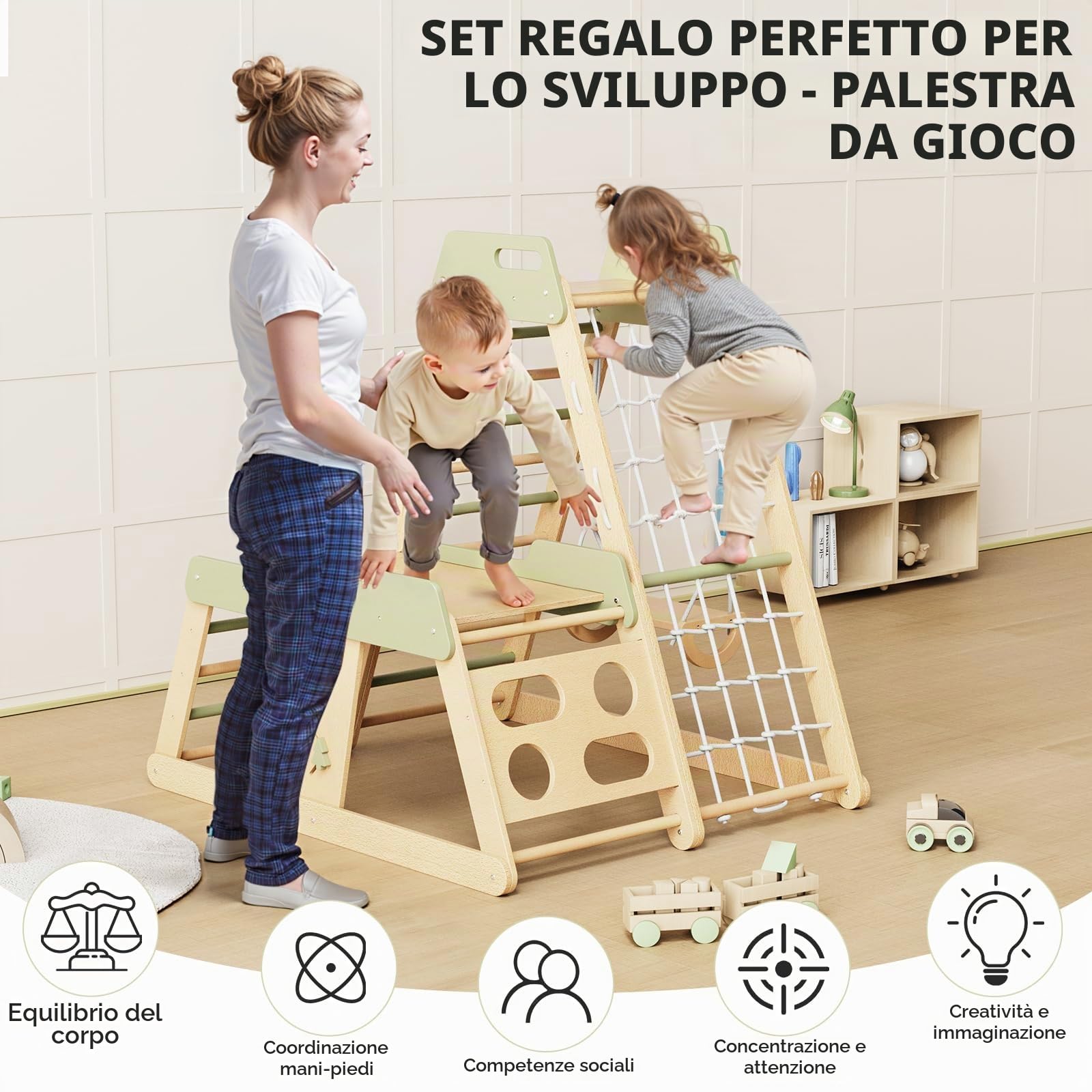Parco Giochi da Giardino per Bambini 12-in-1 Struttura in Legno con Scivolo, Altalena, Parete Arrampicata, Rete, Scala, Balance Board, Palestra Montessori Educativi per Sviluppo Motorio 1-6 Anni