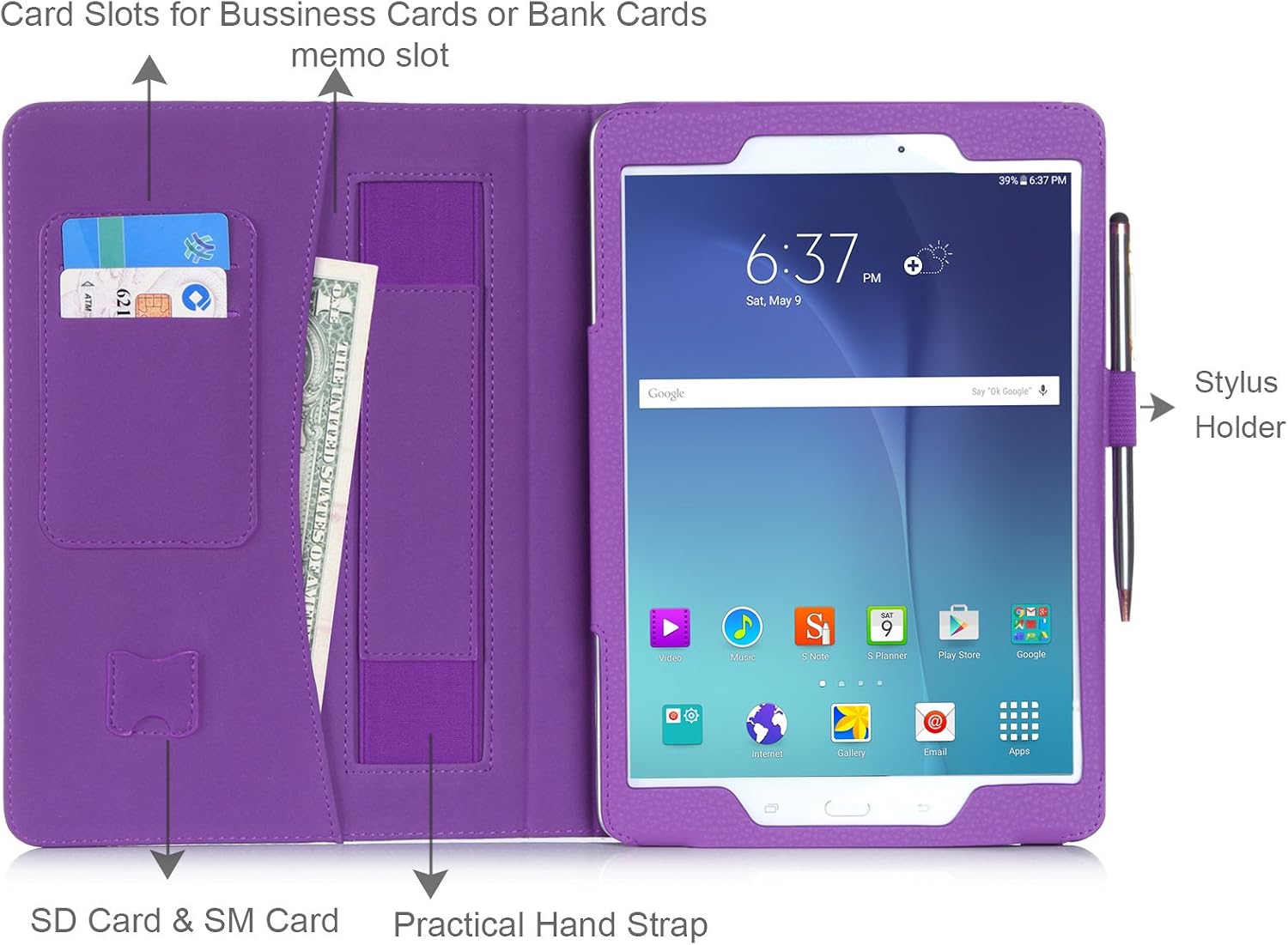 FYY Case for Samsung Galaxy Tab A 9.7 - Premium PU Leather Case Stand Cover with Card Slots, Pocket, Elastic Hand Strap and Stylus Holder for Samsung Galaxy Tab A 9.7" (P550) Purple