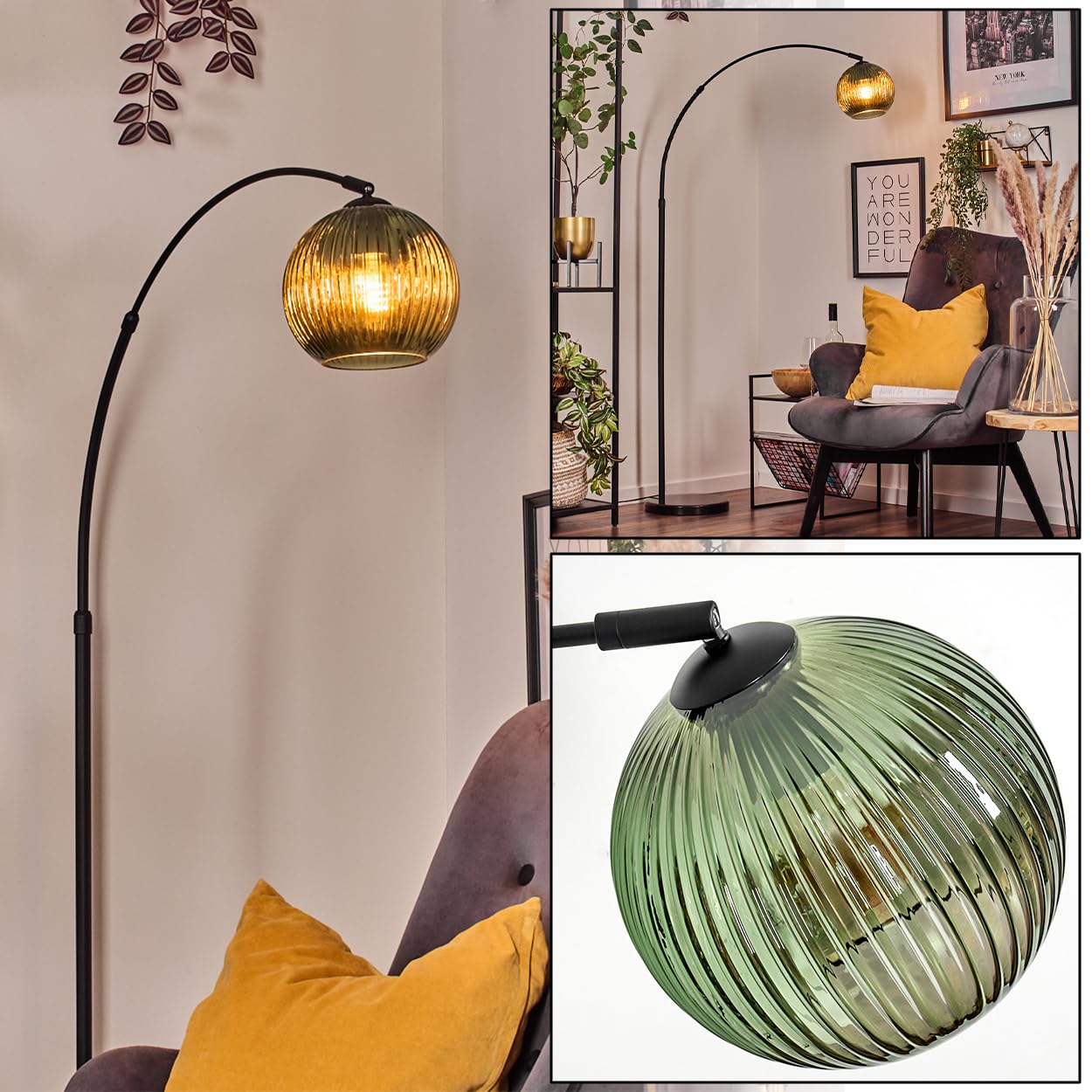 HOFSTEIN Stehleuchte Koyoto, Stehlampe aus Metall/Riffelglas in Schwarz/Grün mit Marmorfuß, verstellbare Leuchte im Retro-Design (Schirm Ø 20 cm), Fußschalter, E27, Wohnzimmer, Schlafzimmer, Flur