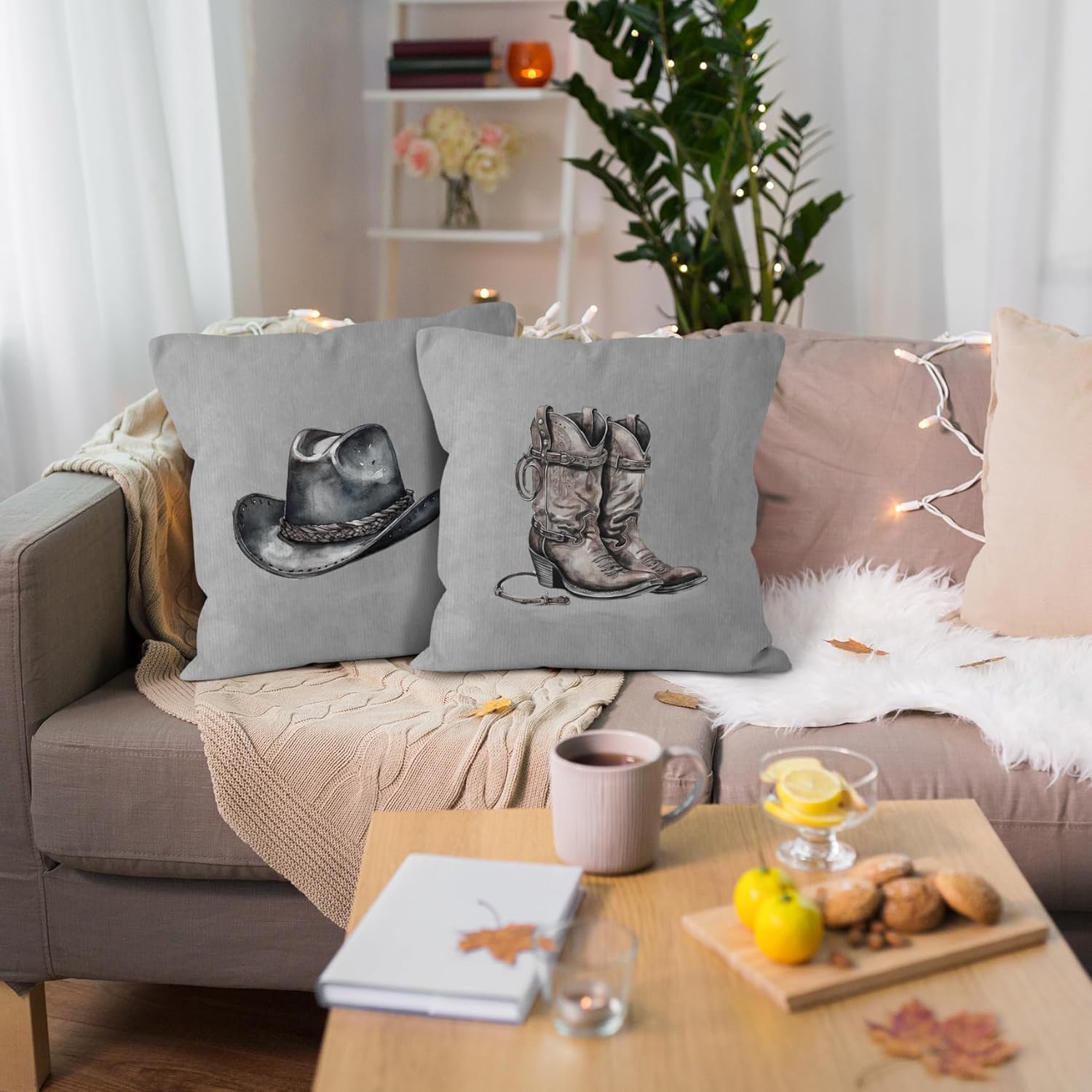 Western Cowboy Hat Boots Throw Pillow Covers Set of 2, Classroom Pillow Covers, Rustic Grey Pillow Covers for Farmhouse Decor, Pillowcase for Western Home Decor Rustic, Western Gifts, 18x18 - Image 2