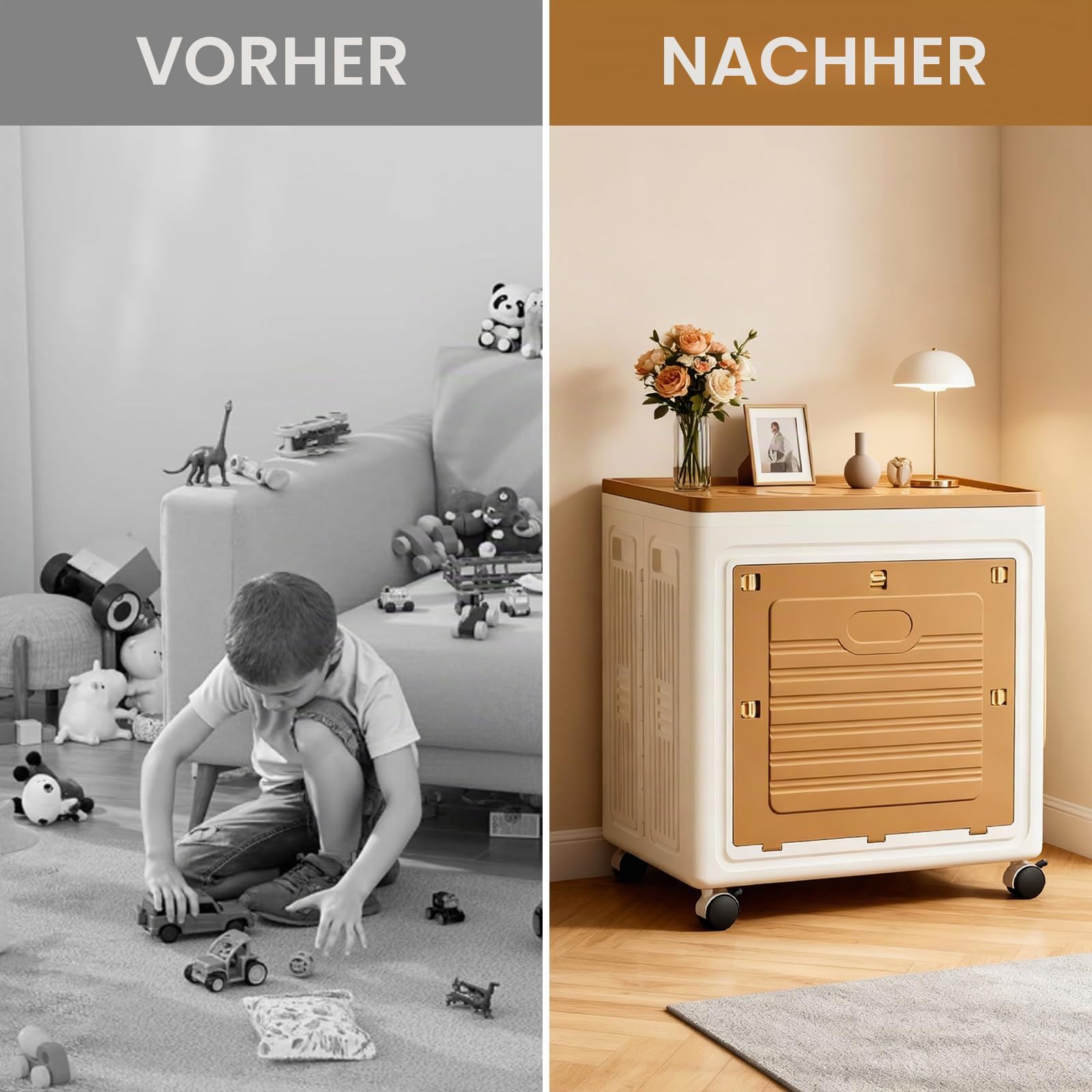 Aufbewahrungsbox mit Deckel Groß, 95L Plastik Ordnungsboxen Kleiderschrank, Stapelbare Kunststoffschrank, Faltbare Aufbewahrungsschrank mit Rollen für Heimspeicher, Büro, 48 x 36 x 56cm, Kaffee