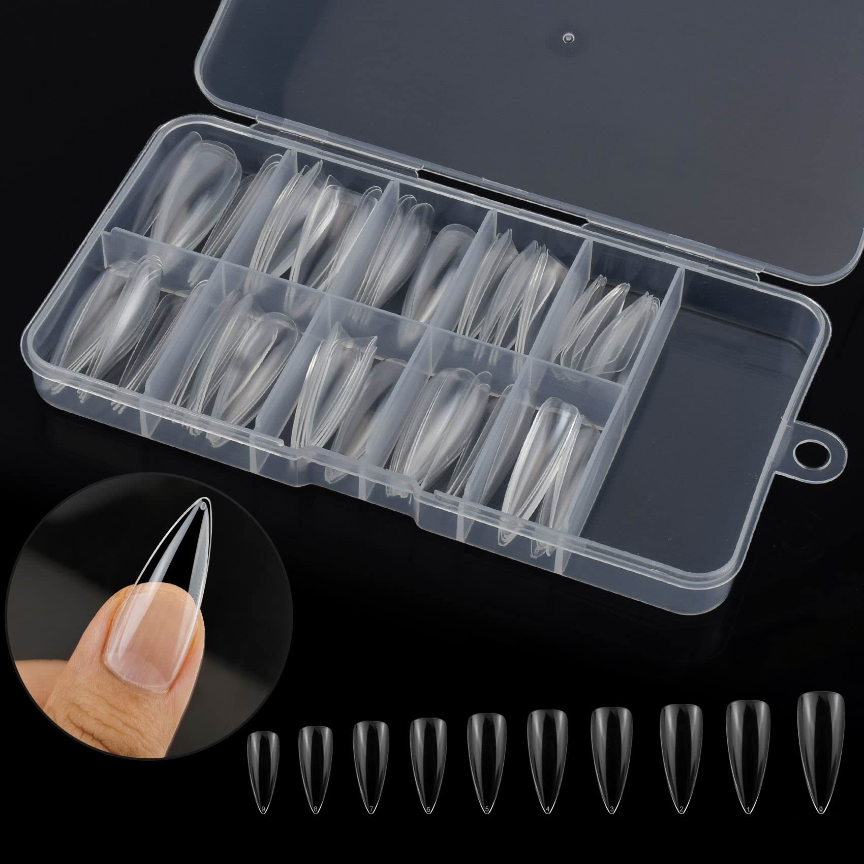 100 Pcs Clear False Nail Tips with Storage Case-Full Cover Coffin Nails in 10 Sizes for Nail Salons and DIY Nail Art-Long Lasting and Durable Artificial Fingernails for Glamorous Looks (Droplet)