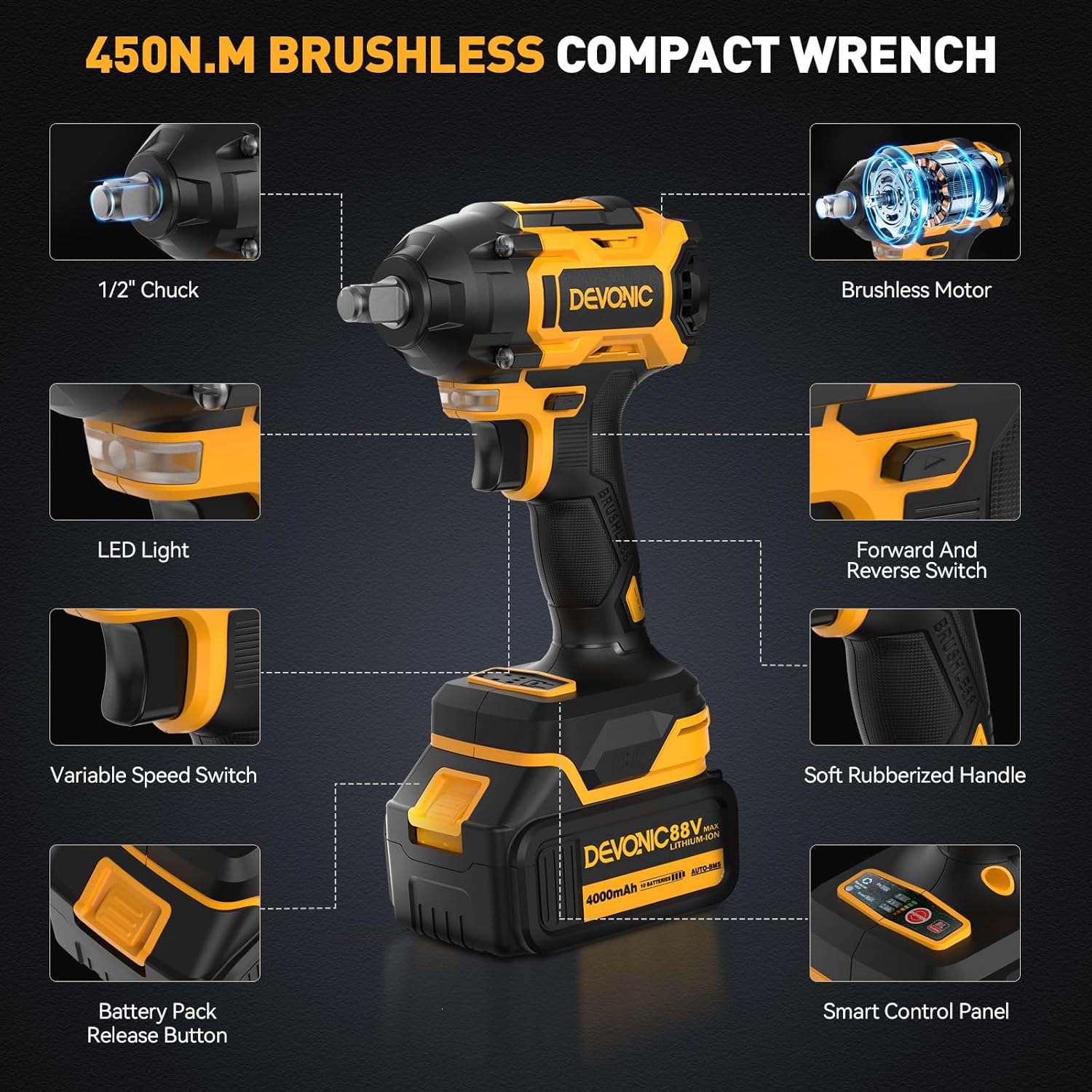 Devonic Cordless Impact Wrench,330ft-Lbs(450N.m) 21V Brushless Power Impact Wrenches,2800RPM High Torque Impact Gun with 2x 4000mAh Batteries, Charger, Electric Impact Wrench For Car Home (450N)