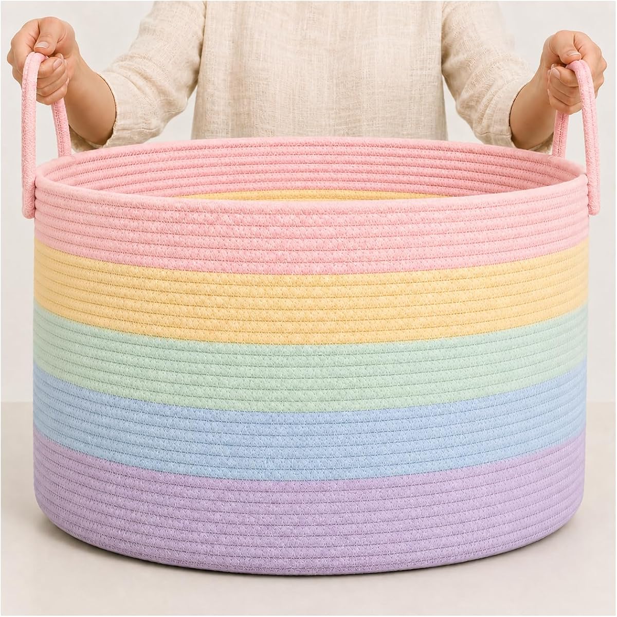 OrganiHaus Cesta de almacenamiento para juguetes y mantas arcoíris, guardería de 20.0 x 13.0 in | Rainbow Pastel – Cesta redonda de cuerda de algodón arcoíris, guardería de 20.0 x 13.0 in