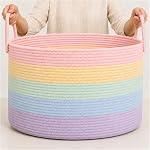 OrganiHaus Tall Rainbow Basket with Handles, Woven Cotton Rope Laundry Basket, Rope Baskets for Dirty Clothes,Towels and Blankets, Large Decorative Storage Bin for Bedroom - 38x45cm | Rainbow Pastel - Rainbow Cotton Rope Hamper, Nursery 52L
