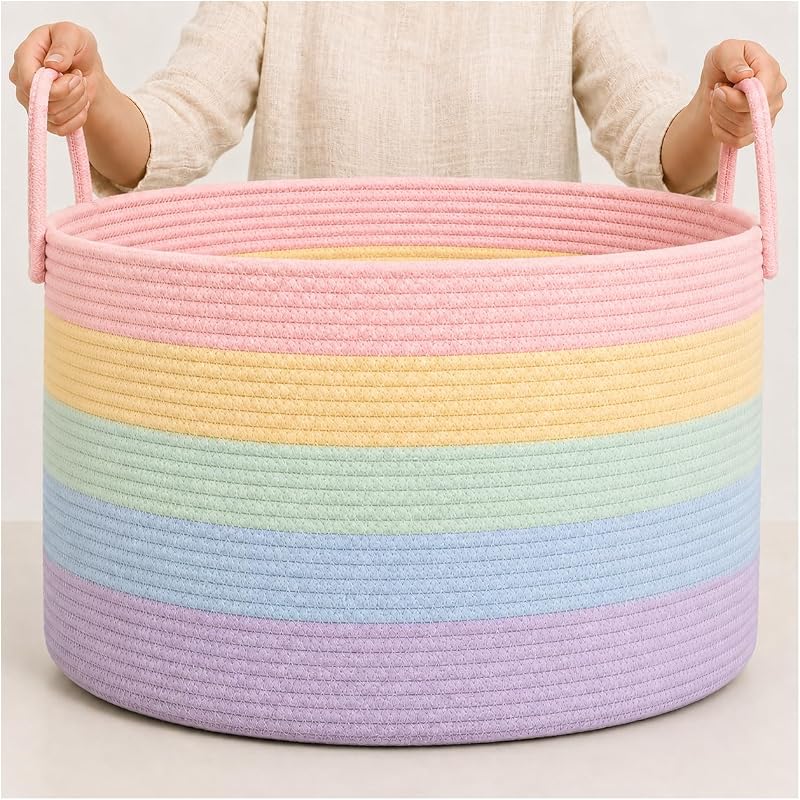 OrganiHaus Cesta de almacenamiento para juguetes y mantas arcoíris, guardería de 20.0 x 13.0 in | Rainbow Pastel – Cesta redonda de cuerda de algodón arcoíris, guardería de 20.0 x 13.0 in