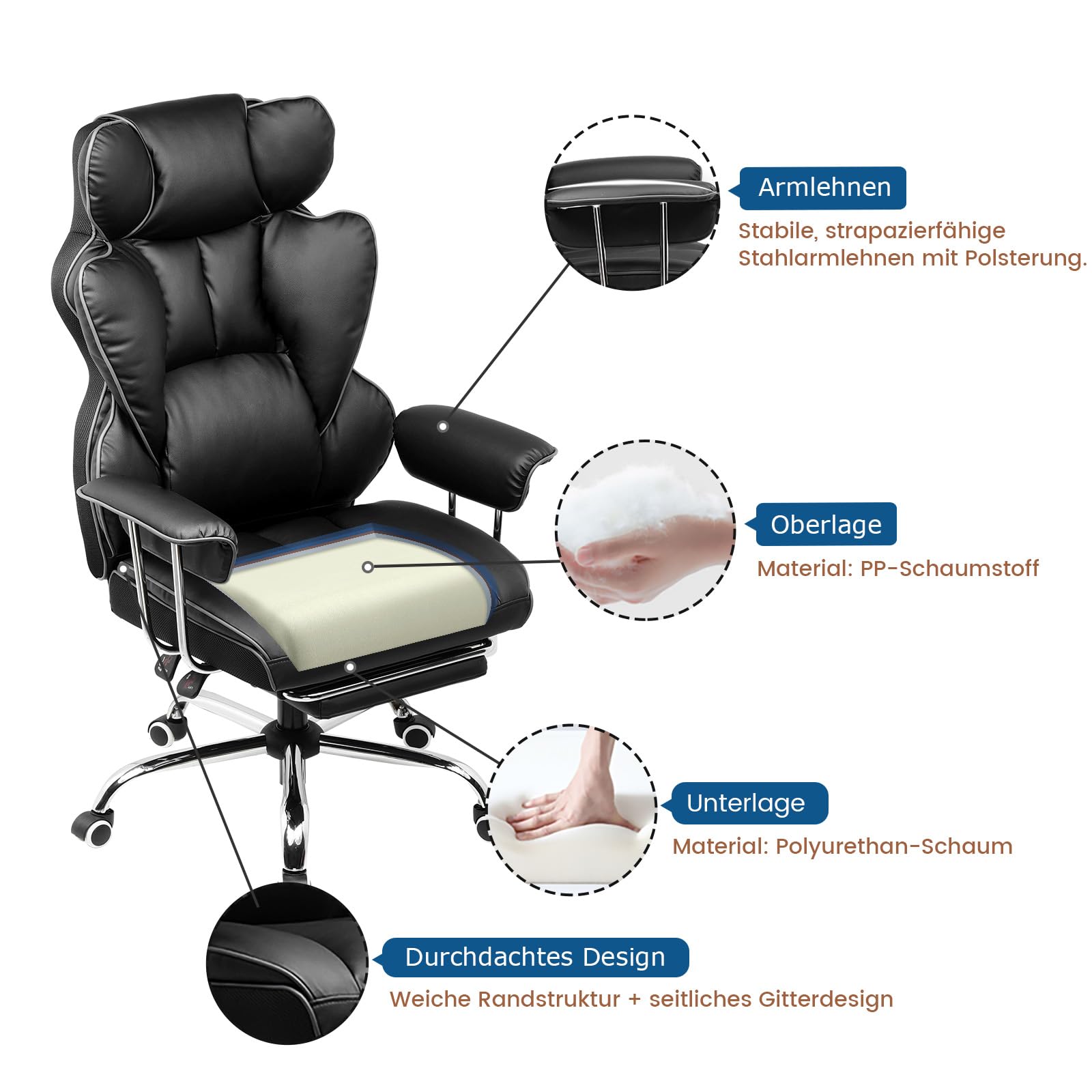 GTPLAYER Gaming Stuhl, Gamer Stuhl, Ergonomischer Bürostuhl mit Fußstütze, Kunstleder, Federsitzkissen, Gaming Chair Gepolstert, Gaming Sessel 180kg Belastbarkeit schwarz