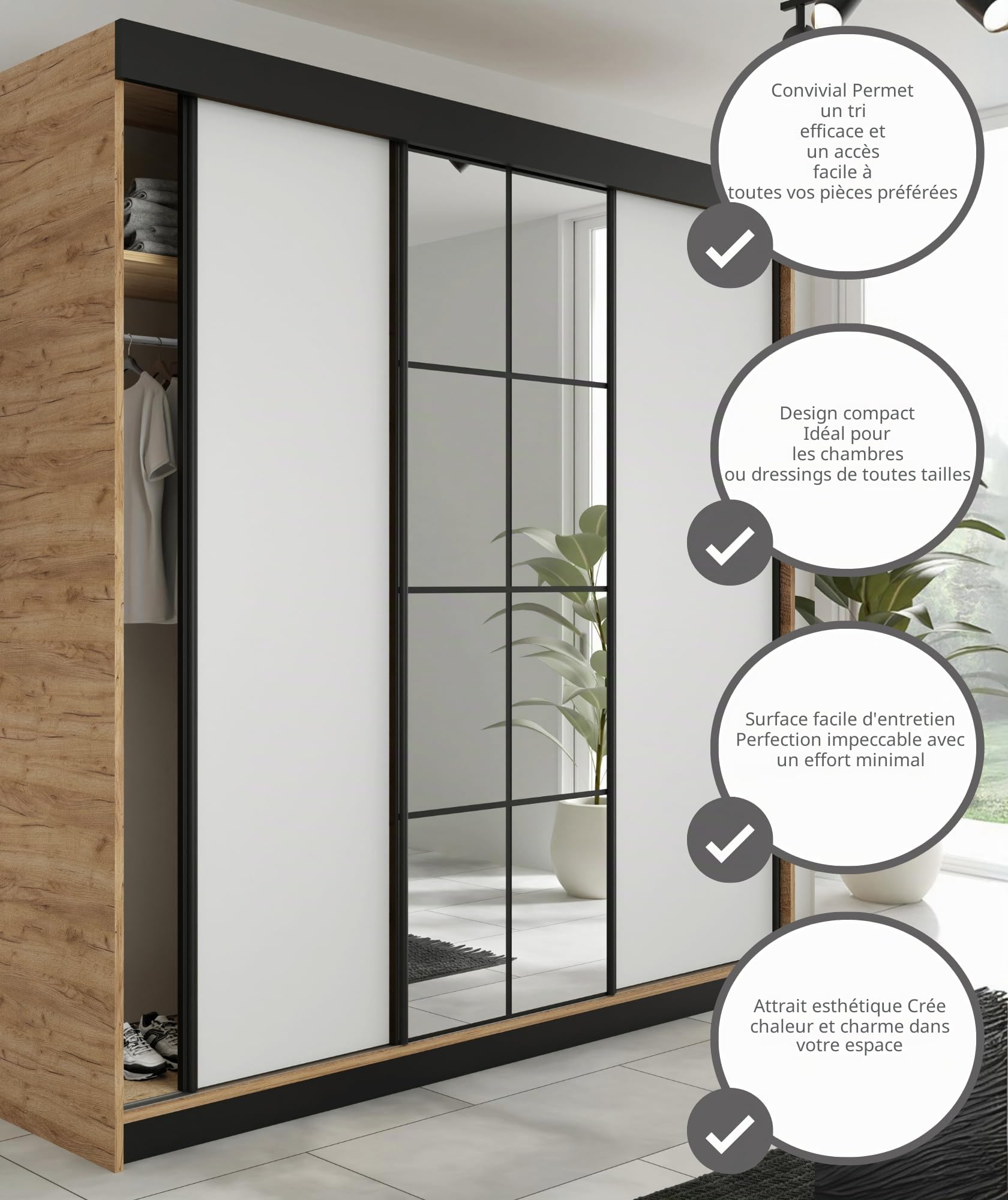 KIER FURNITURE Armoire Dressing LAMARO Chêne Craft doré/Blanc 200x205x59 cm