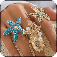 WCRAZYE 3PCS Gold Starfish Seashell Stackable Rings for Women - Dainty Boho Beach Surfer Jewelry Gifts (143 chars)