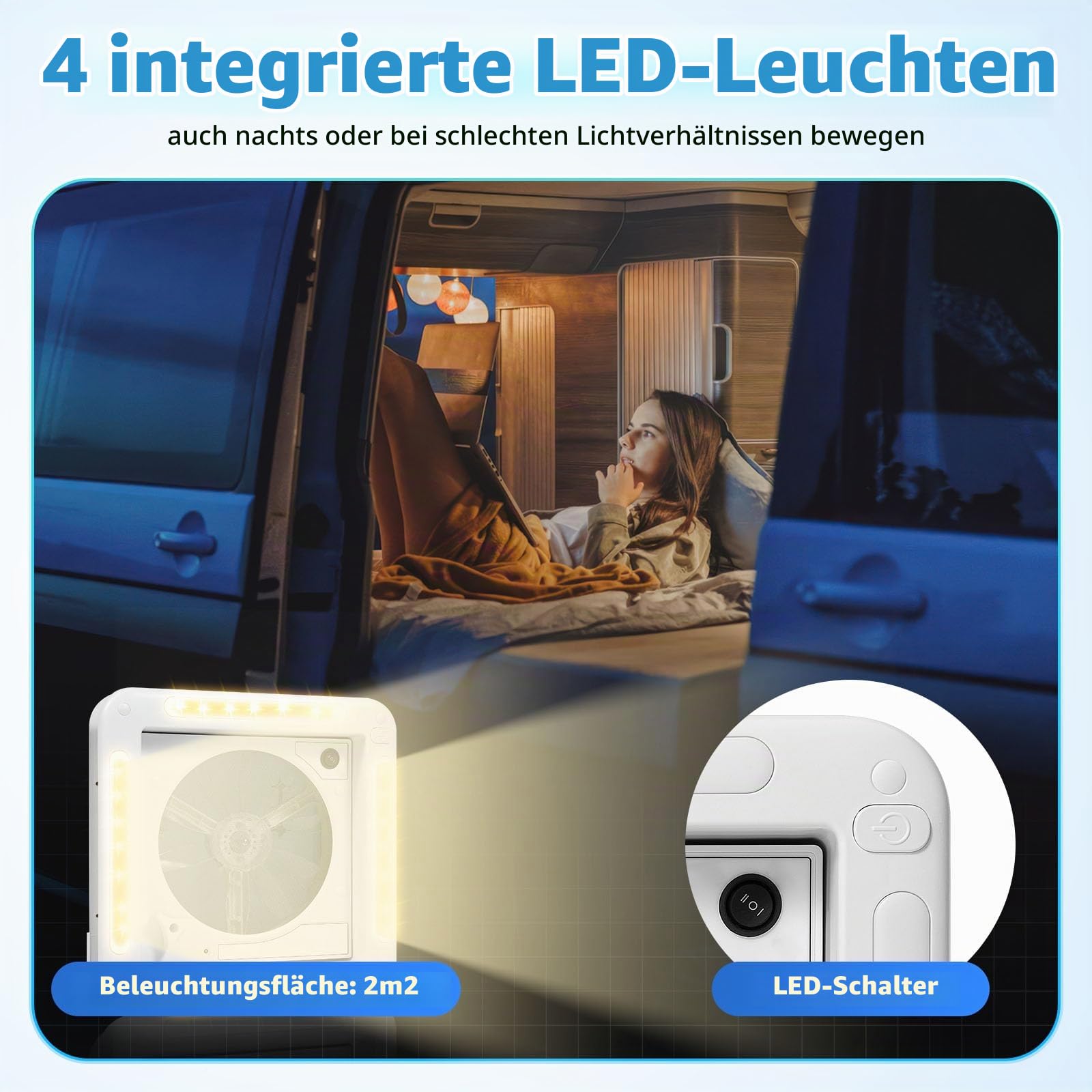 Dachlüfter Wohnmobil 12V mit LED und Deckel Wohnmobil-Dachventilator, Abluftventilator RV Dachlüfter mit Umkehrfunktion für Campervan Wohnwagen, 28x28cm