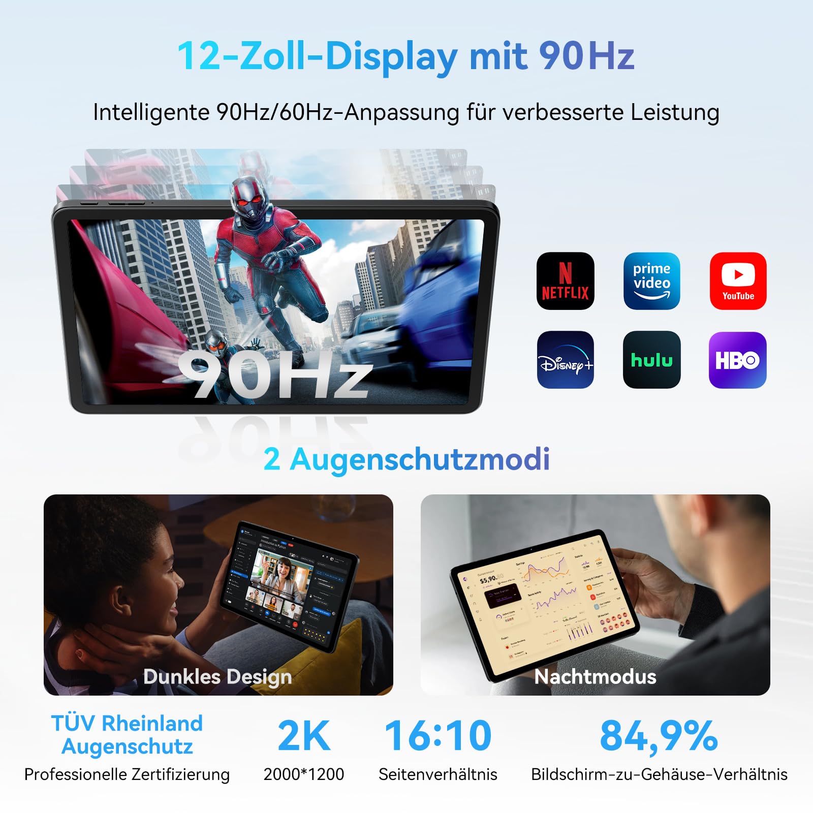 Blackview Mega2WiFi Tablet 12 Zoll Android 15, 2K 90Hz FHD Gaming Tablet mit Stift, 36GB RAM + 256GB ROM(2TB TF), WiFi6, Octa-Core 2.0GHz, 9000mAh/16MP+8MP/Bluetooth 5.2/Widevine L1/Face ID/GMS