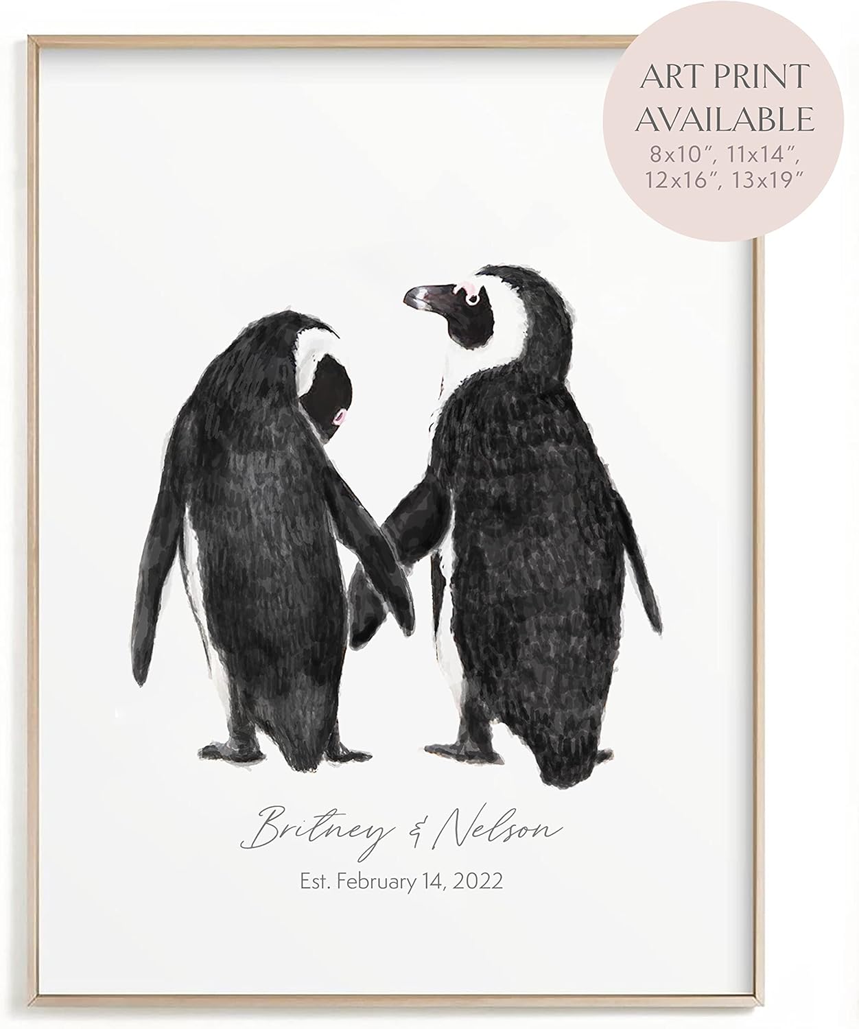 Personalized Wedding Gift - Penguin Wall Art for Loving Couple, Anniversary Wedding Wall Decor, for Wife, for Husband, Missing You, UNFRAMED, Signed by Artist (12x16")